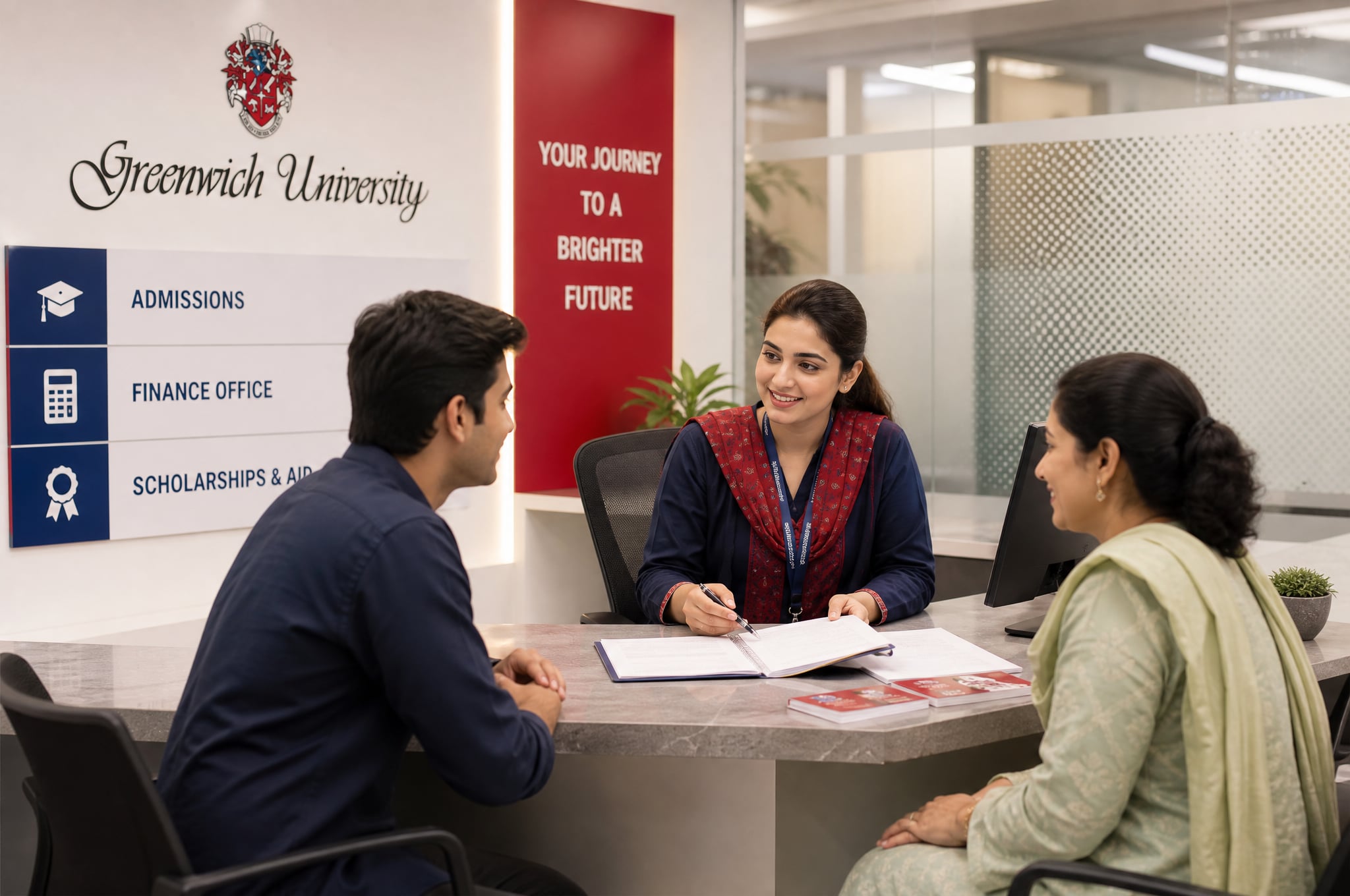 Student and parent discussing fees at the Greenwich University finance counter, Karachi
