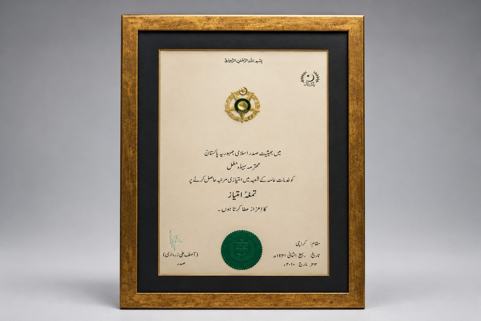Tamgha-e-Imtiaz conferred by the President of Pakistan, March 2010