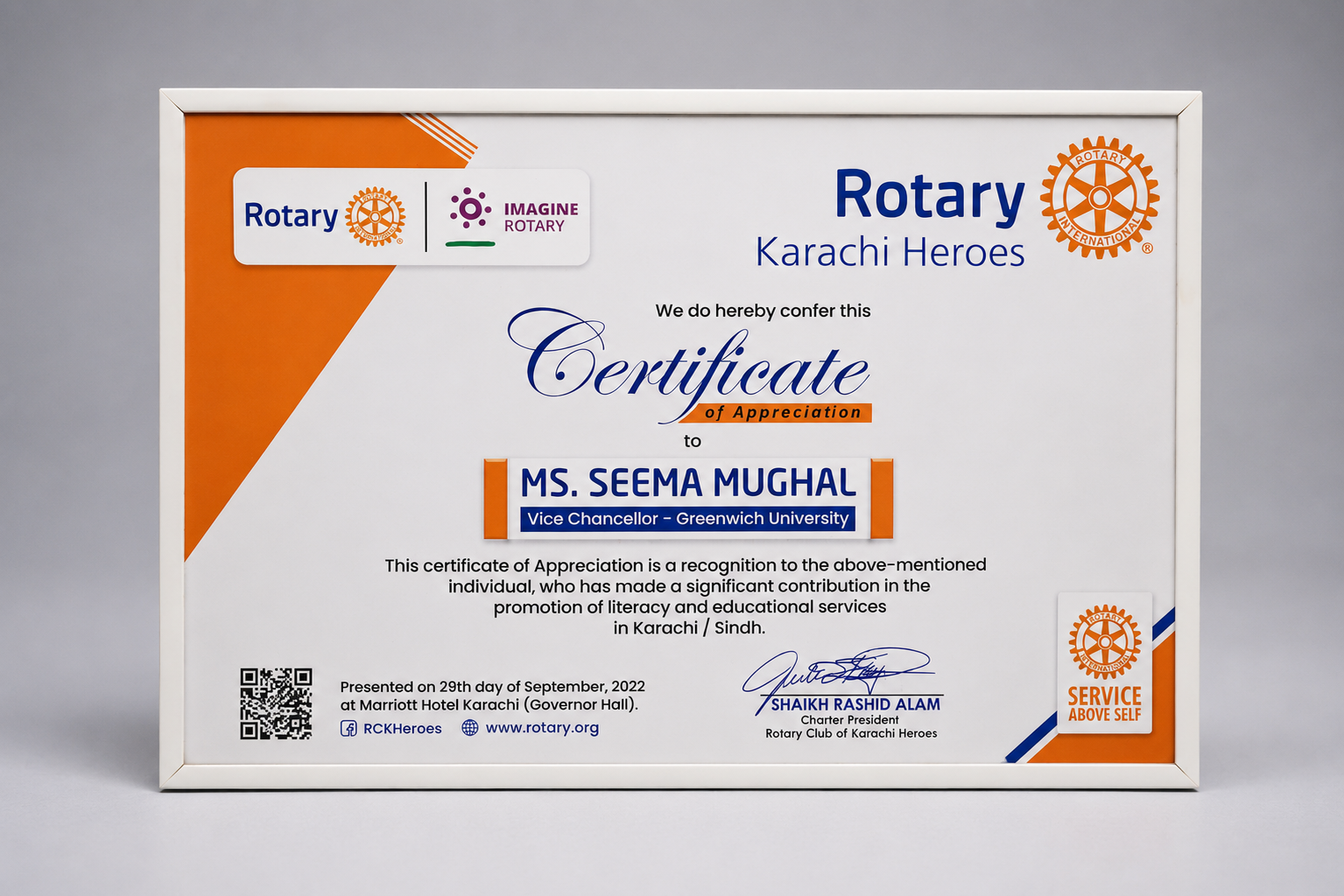 Rotary Karachi Heroes certificate of appreciation for Ms. Seema Mughal, September 2022