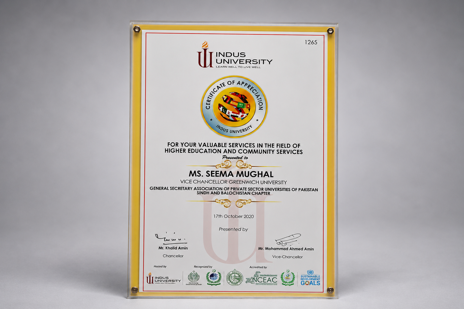 Indus University certificate of appreciation for Ms. Seema Mughal, October 2020