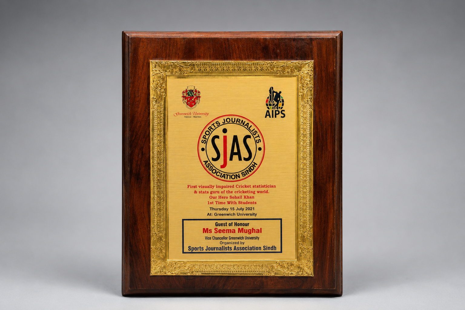 SJAS guest of honour award for Ms. Seema Mughal at Greenwich University, July 2021