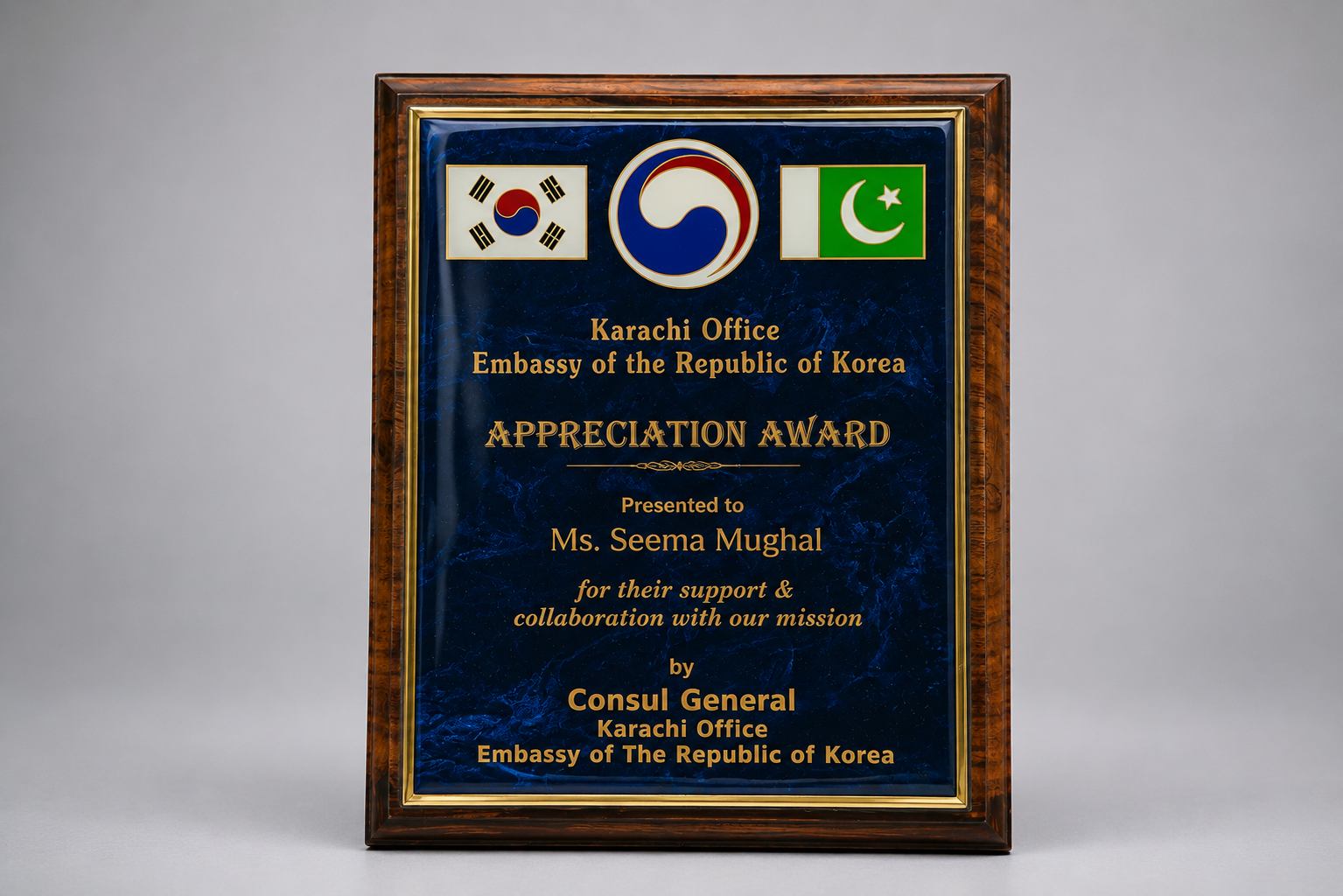 Appreciation award from Embassy of the Republic of Korea to Ms. Seema Mughal