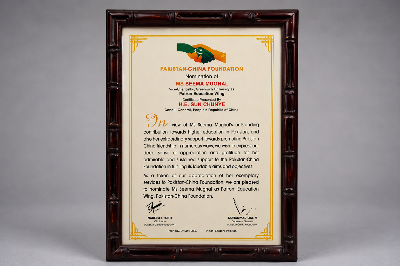 Pakistan-China Foundation nomination of Ms. Seema Mughal as Patron Education Wing, May 2006