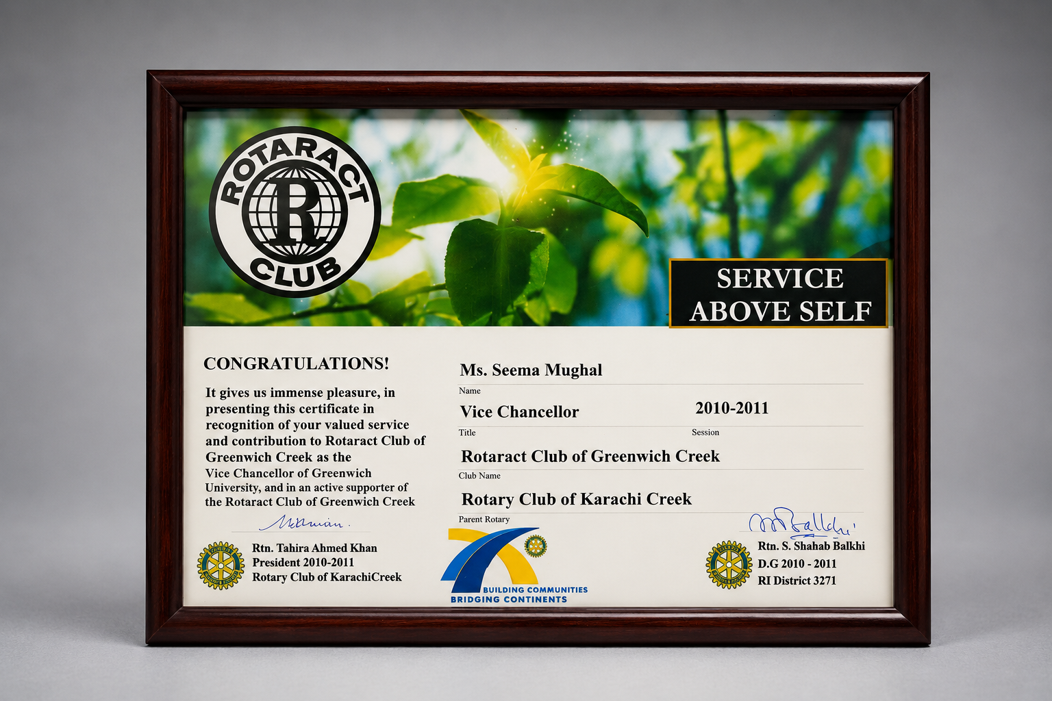 Rotaract Club of Greenwich Creek certificate for Ms. Seema Mughal, 2010–2011