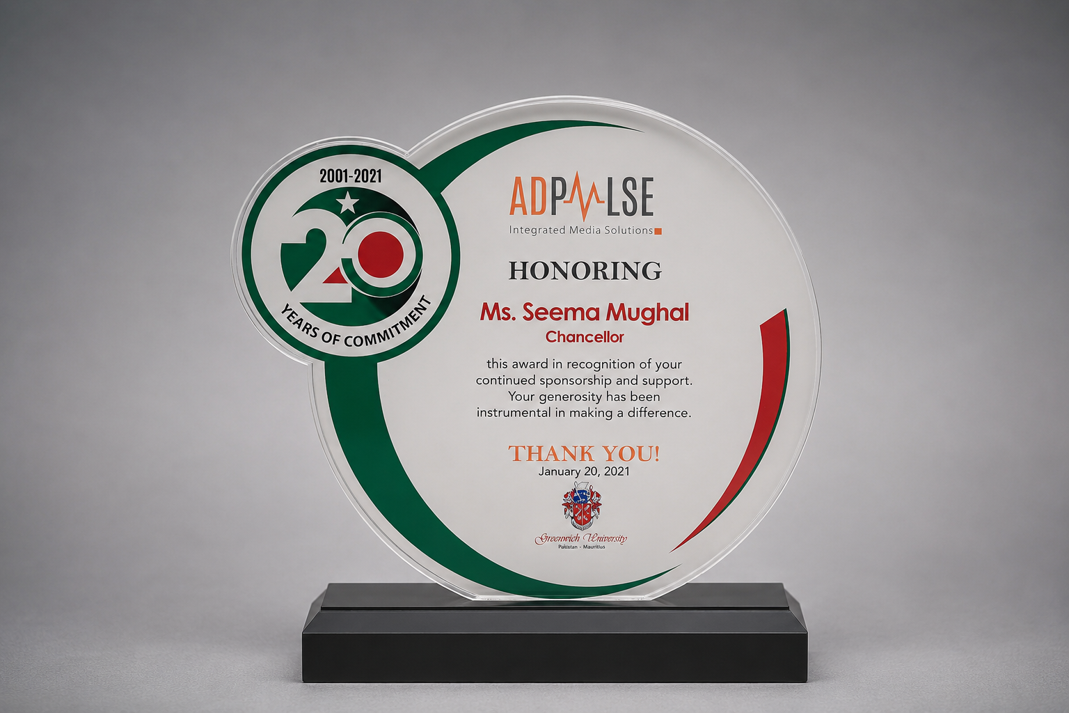 Adpulse 20 years of commitment award honoring Ms. Seema Mughal, January 2021